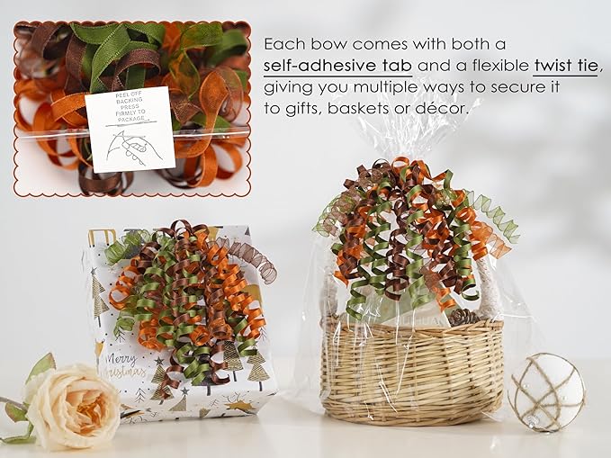 HUIHUANG Fall Bows for Gift Wrapping Moss Green/Orange/Brown Curly Bows with Self Adhesive & Twist Tie, 7 inch Sheer Satin Ribbon Bow for Presents, Gift Basket, Fall Decor, Party Favors- 6 Counts