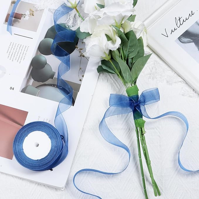 Navy Blue Ribbon for Gift Wrapping 1 inch Sheer Organza Ribbon for Flower Bouquet Tulle Thin Chiffon Ribbons for Wedding Invitations Presents Decorations Crafts 50 Yards