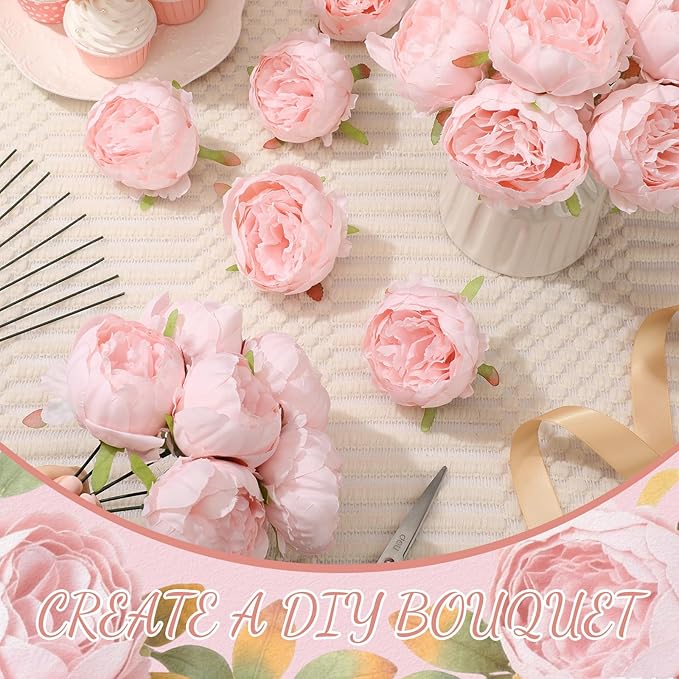 50 Pcs Artificial Peony Flower Bulk 3.5 Inch Silk Peony Flowers Heads with Stems Realistic Fake Roses for DIY Wedding Party Craft Bridal Bouquets Table Centerpieces Vase Home Decor(Pink)