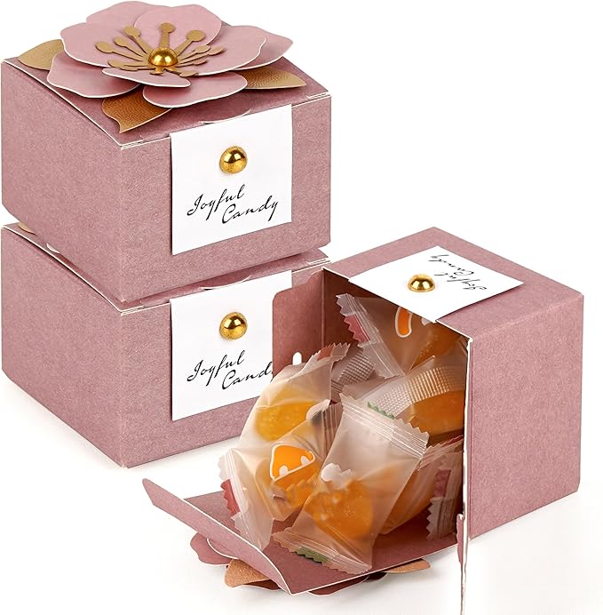 Linkidea 20 Pcs Pink Floral Folding Candy Gift Boxes 2.55" x 2.55" x 1.77" for Wedding Favors, Elegant Party Thank You Boxes with Tags