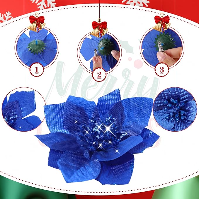 WILLBOND 24 Pcs 3 Size Poinsettia Flower Artificial Christmas Decor Glitter Poinsettia Christmas Ornaments Faux Flowers for Xmas Tree Outdoor(3.2/4/6 Inches,Royal Blue)
