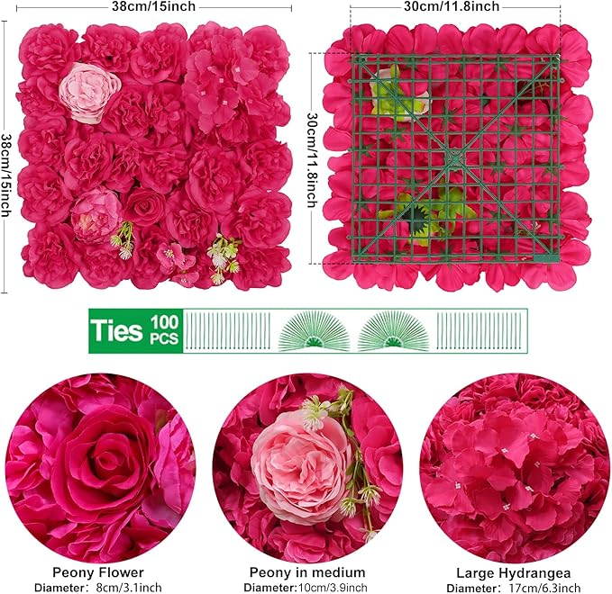 Silk Flowers Wall Rose Red-12Pack Artificial Floral Wall Panels Faux Hydrangea Peony Flower Panels for Wedding Party Event Thanksgiving Decor Photography Home Decor
