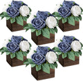 Dining Table Centerpiece Set of 6 - Pre-Made Aritifial Rose with Wooden Vase Fake Floral Arrangment Faux Flower for Wedding Bridal Tea Party Event Decorations - Navy Blue & White