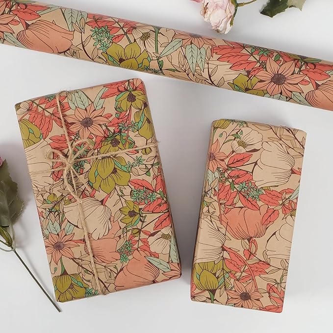 Aimyoo Kraft Floral Wrapping Paper Roll - Jumbo Roll - 30 Inch x 33 Feet - All Occasion Vintage Flower Gift Wrap Paper for Mother's Day Wedding Birthday Bridal Shower