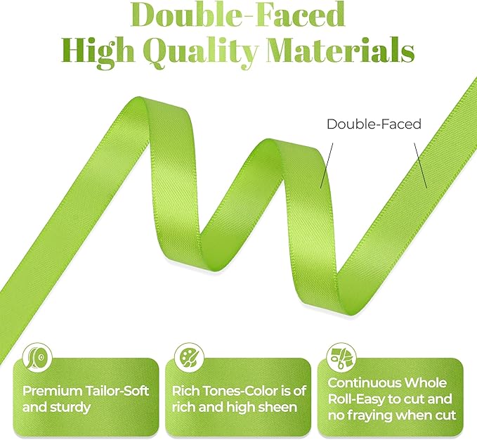 Apple Green Satin Ribbon, Double Faced 1/2 Inch X 50 Yards Apple Green Ribbon, Premium Satin Ribbon for Gift Wrapping, Crafts, Hair Bow Making, Sewing, Flower Bouquet, Wedding Party Decor
