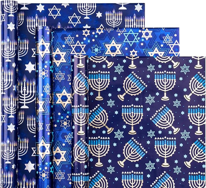 WRAPAHOLIC Hanukkah Wrapping Paper - 3 Rolls, 17 Inch x 120 Inch Each - Blue Menorah and Star of David Design with Metallic Foil Shine