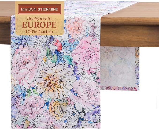 Maison d' Hermine Table Runner 100% Cotton Single Layer Table Runners 72 inches Long Decorative for Kitchen Dining Party Baby Shower Wedding Bridal Shower Spring Summer (Floral Love, 14.50" x 72")
