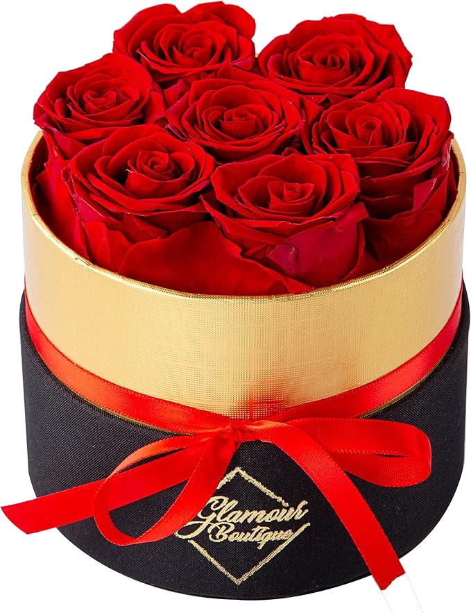 GLAMOUR BOUTIQUE Eternal Preserved Roses in a Box - Flowers Forever, Rose Forever in a Box for Wife, Birthday Gifts for Her, 7 Roses, Red