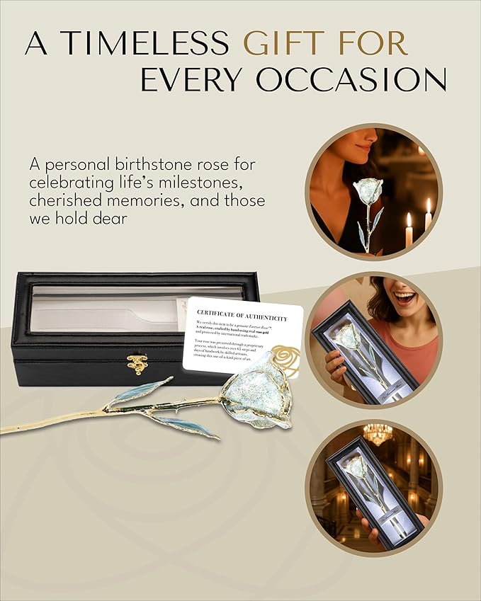 Forever Rose Hand-Dipped in 24K Gold, Opal-Inspired October Birthstone with Sparkles, Real Rose in Leather Case with LED Light – Perfect Ready to Gift for October Birthday or Any Occasion
