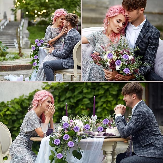 Artificial Flowers Roses Real Looking Foam Fake Roses with Leaves and for DIY Wedding Bouquets Bridal Shower Centerpieces Party Decorations (Lilac, 200)