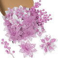 24Pcs Christmas Poinsettia Artificial Flowers and Glitter Berries Kit, 2 Styles Total 16Pcs Christmas Tree Flowers Ornaments, 8Pcs Christmas Tree Picks for Wedding Holiday Decorations, Pink