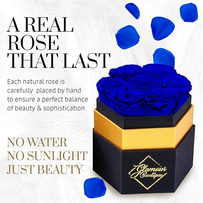GLAMOUR BOUTIQUE Eternal Preserved Roses in a Box - Flowers Forever, Rose Forever in a Box for Wife, Birthday Gifts for Her, 7 Roses, Blue