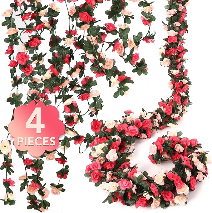 4 Pcs 32.8FT Flower Garland,Rose Garland,Pink Flower Vines for Decoration, Wedding, Garden, Wall Decoration,Backdrop,Bedroom,Birthday Party