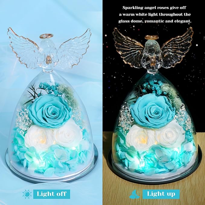 FIACO Gifts for Women Mom Preserved Rose Forever Flower in Glass Angel Figurine Fresh Flowers for Delivery Birthday Gifts for Grandma Wife Sister Christmas Anniversary Eternal Roses