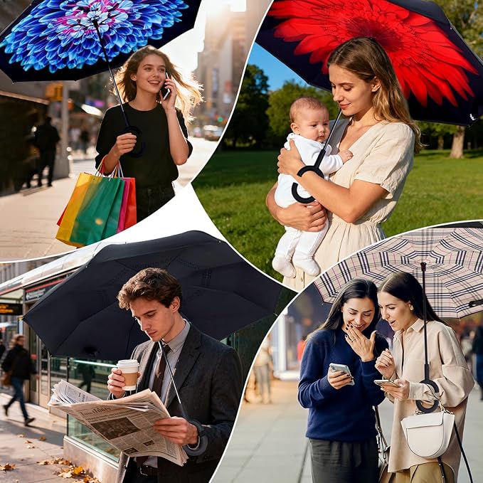 Inverted Umbrella, 49 Inch Double-Layer Vented Reverse Umbrella, Windproof Waterproof UV Protection, Lightweight C-Handle, Fiberglass Ribs, Steel Shaft, Travel/Commute/Car Use, With Sleeve