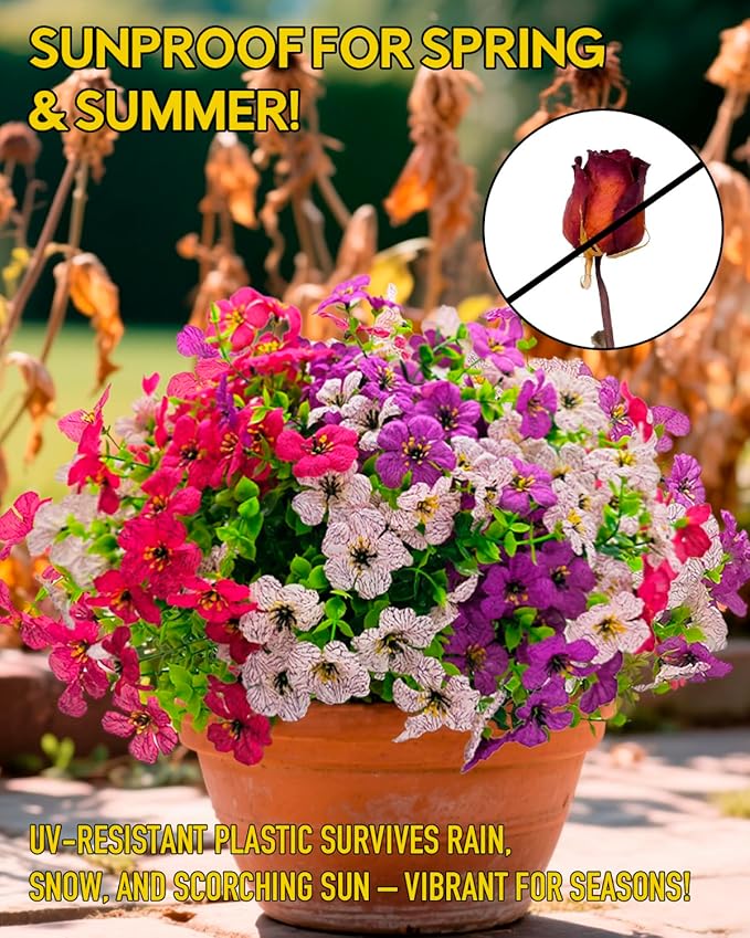12 Bundles Daisy Artificial Flowers for Outdoors with Eucalyptus - UV Resistant Fake Flowers Outside for Hanging Basket Planter Window Box, Realistic Silk Faux Plants for Porch Garden Patio Home Decor