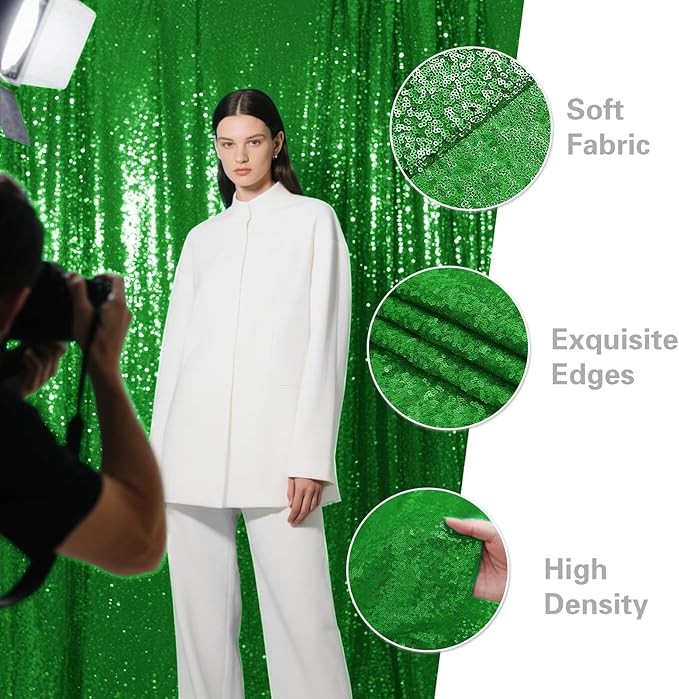 Green Sequin Backdrop Curtain 2 Pieces 2FTx8FT Glitter Photography Backdrop for Party Wedding Birthday Christmas Decorations