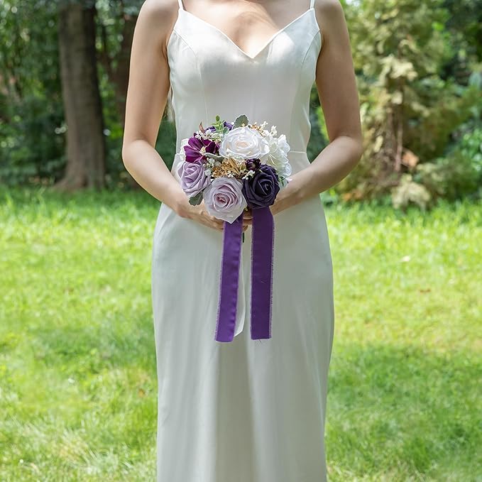 ponatia Purple Wedding Bouquets for Bride Bridesmaid, Cream Wedding Artificial Roses Flowers for Wedding Bouquets Ceremony, Anniversary (Purple & Cream)