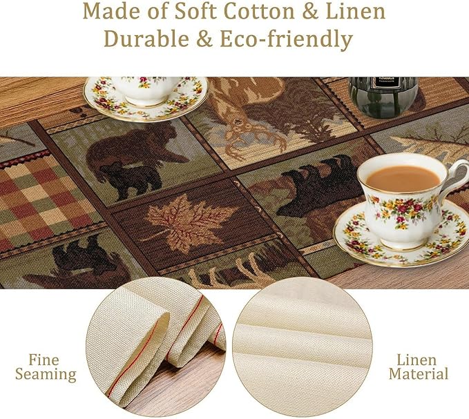 Rustic Bear Table Runner, Vintage Cottage Country Style Pine Tree Elk Wildlife Dinner Runner for Home Kitchen Dining Table Decoration 13"x70"