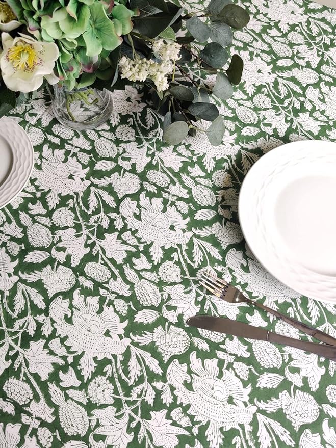 ATOSII Meraki Green 100% Cotton Fall Tablecloth, Handblock Print Rectangle Table Cover for Kitchen Dining Linen I Parties, Thanksgiving, Christmas, Wedding, Table Cloth I 72 X 108 Inches I 8 Seater