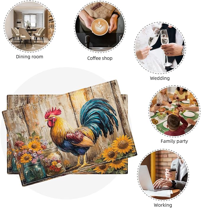 Farmhouse Rooster Placemats Set of 6, Rustic Chicken Place Mats, Sunflower Dining Table Mats, Washable Placemats for Kitchen Dining Room Home Decor 18L'' × 12W''