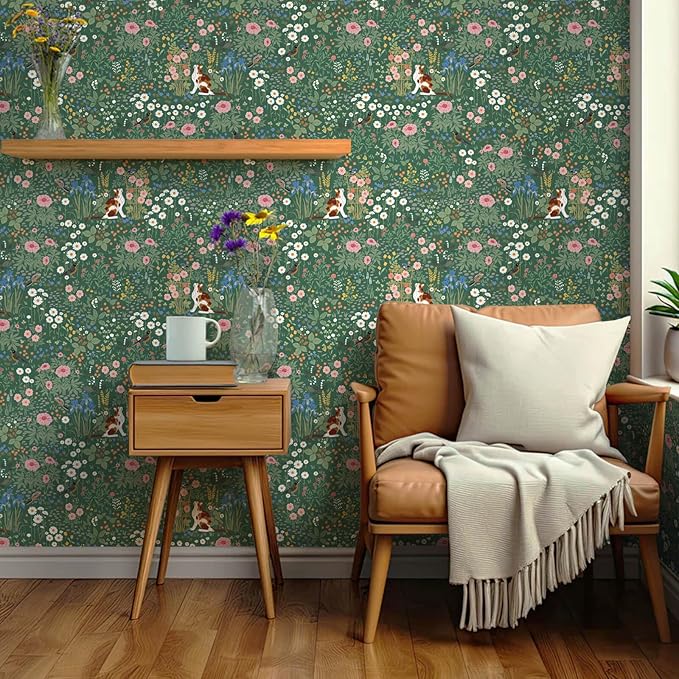 Heroad Floral Peel and Stick Wallpaper Green Wallpaper Boho French Country Contact Paper Vintage Cat Birds Removable Self-Adhesive Wall Paper for Bedroom Kitchen Cabinets Decoration Vinyl 17.3”x78.7”
