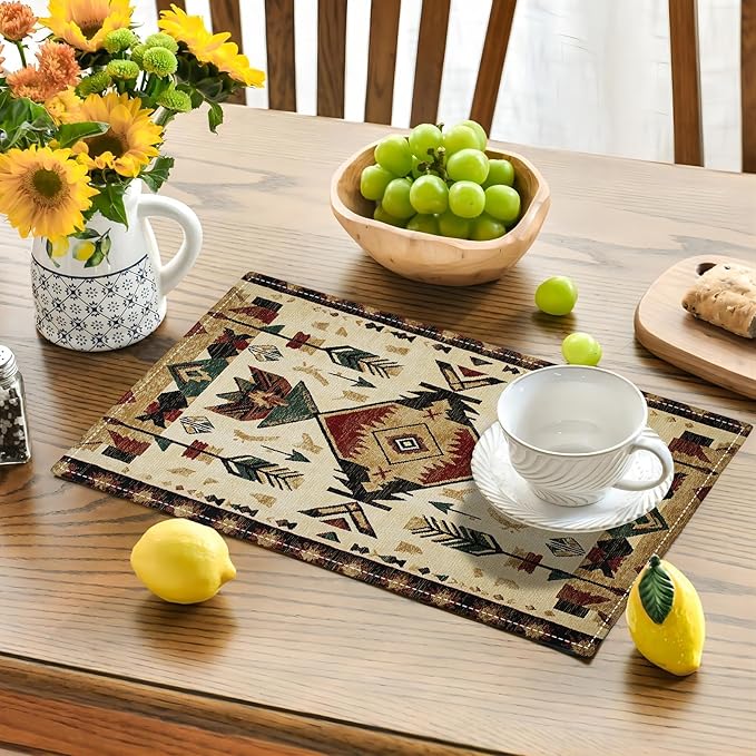 Southwestern Placemats Set of 6, Farmhouse Boho Ethnic Place Mats, Rustic Turkish Dining Table Mats, Washable Placemats for Kitchen Dining Room Home Decor 18L'' × 12W''