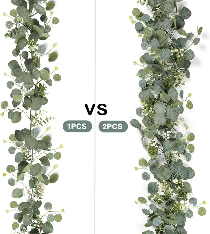 SOMYTING Artificial Eucalyptus Garland with White Flowers 2 Packs 5.9Ft Silver Dollar Leaves Eucalyptus Garland Faux Greenery Vines for Wedding Arch Table Runner Mantle Party Room Decor