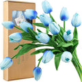 FiveSeasonStuff Real Touch Tulips Artificial Flowers – 15 Stems Faux Tulip Bouquet in Gift Box for Wedding, Home Decor, Party, Floral Arrangements (Maya Blue)