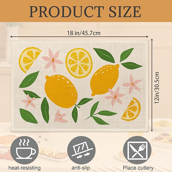 Tropical Fruit Placemats Set of 6, Boho Colorful Table Mats, Washable Heat Resistant 12×18 Inch Place Mats for Kitchen Dining Fun Decor