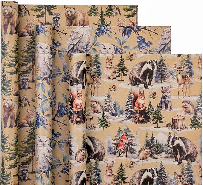 WRAPAHOLIC Kraft Christmas Wrapping Paper Roll - Mini Roll - 3 Rolls - 17 Inch x 120 Inch Per Roll - Wild Animals Winterfall Watercolor Holiday Collection