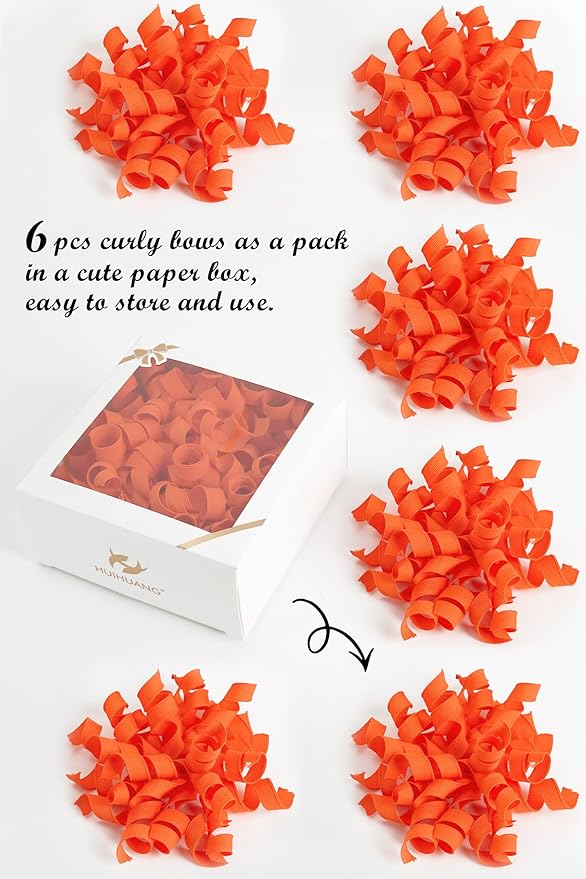 HUIHUANG Curly Ribbon Bows for Gift Wrapping, Orange Gift Bows Self Adhesive Burst Gift Bows for Present Box, Wine Bottle, Treat Bags, Wrap Accessories, Bridal Shower Wedding Party Favor - 6 Counts
