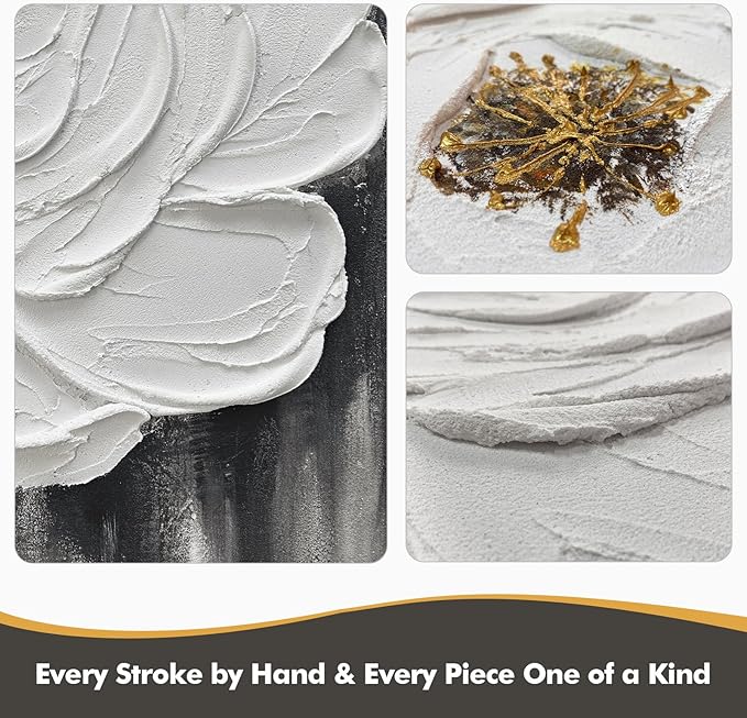 JUHOME Hand-Painted Oil Painting White Flowers Texture Black White Wall Art,3D Abstract Decorative Canvas Wall Decor, Home Office Hall Wall Decorative, 24 x 36