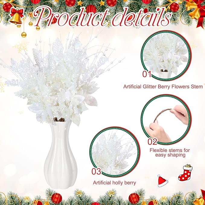 18 Pack 3 Styles 17 Inch Christmas Glitter Poinsettia Berry Stems Ornaments Artificial Floral Branches Picks for Christmas Tree Home Vase Holiday Party Decor(White)