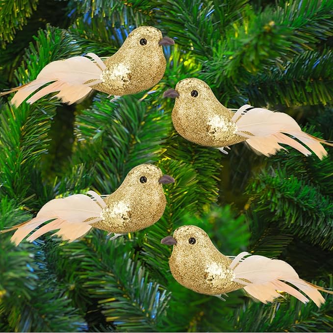 Cosweet 12 Pcs Gold Cardinal Artificial Birds with Clip - Cardinal Bird Christmas Ornament with Feather Wreath Flower Arrangement Supplies for Xmas Tree Party Decor DIY Craft Gifts