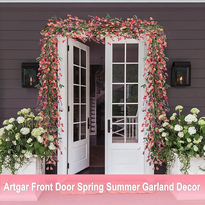 Artgar Flower Garland 6Ft Spring/Summer Garland Floral Garlands for Mantle All Year Round Paper Garlands Decor for Indoor Outdoor Home Wedding Arch Porch Staircase Year Round Decor (Red&Orange&Purple)