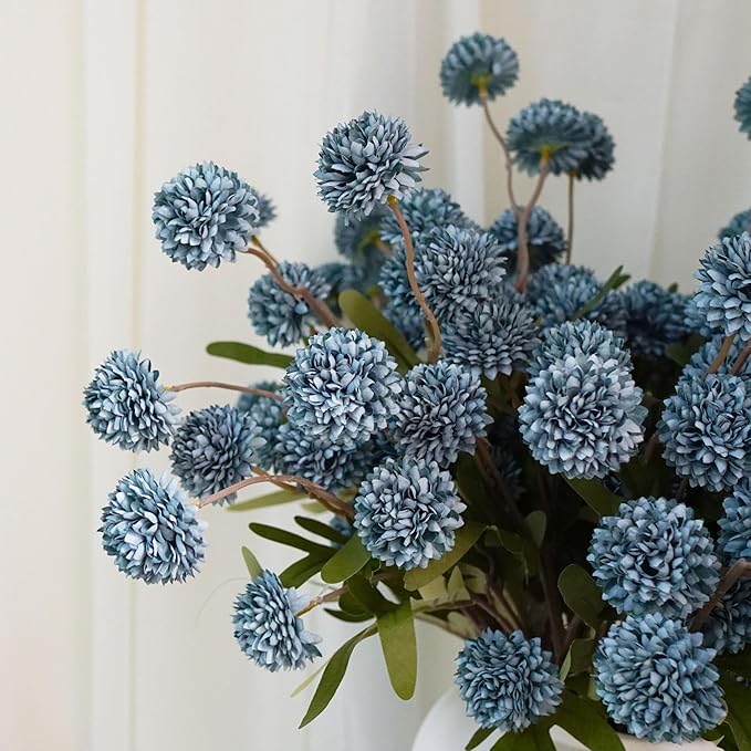 12 Stems Faux Kiku Flower Faux Silk Mini Chrysanth with Stems Bulk Fake Wedding Filler Flowers Pompon Mum Artificial Dusty Blue Flowers Ball for Floral Arrangements