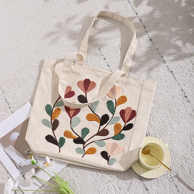 Aesthetic Embroidery Tote Bag for Lady Cute Reusable Canvas Shoulder Bag for Girls Women Shopping Grocery