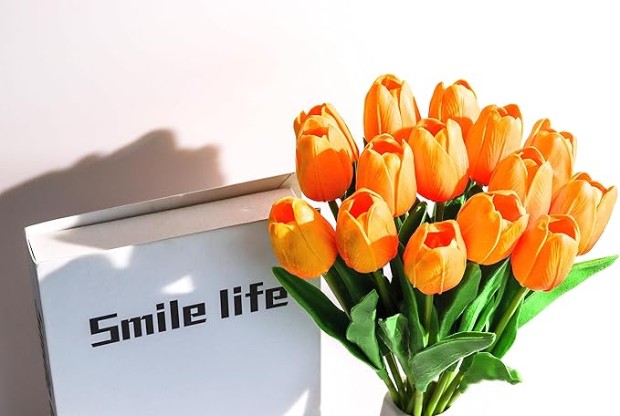 SITUMEIZI 15pcs Fake Tulips Artificial Flowers Real Touch Red 14" Silk Flower for Home Kitchen Decor Spring Easter Wedding Bouquet Decorations Office Floral Arrangements(Orange)