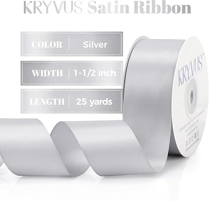Premium Double Faced Satin Ribbon, 1-1/2 Inch X 25 Yards, Silver, Perfect for Gift Wrapping, Crafts, Wedding Decor