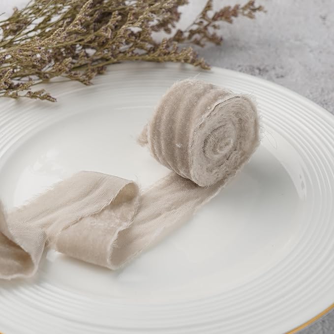 Taupe Velvet Ribbon 1.5 Inch Frayed Silk Velvet Ribbon Rustic Christmas Velvet for Gift Wrapping, Raw Edge Boho, Wedding Invitation Bridal Bouquet -3yards