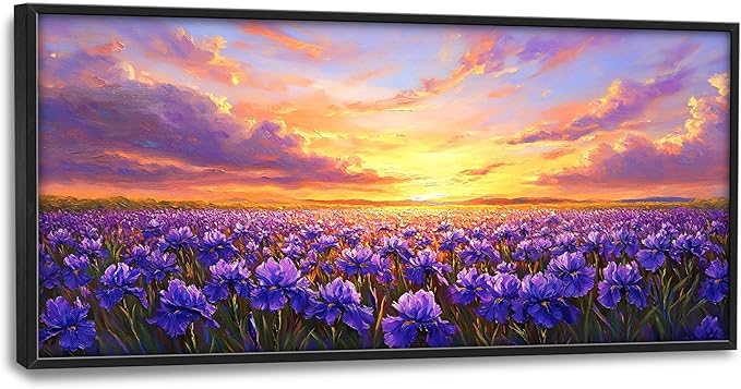 Iris Field Sunset Large Wall Art Purple Flower Framed Wall Decor for Living Room Iris Pictures Oversized Canvas Print Painting Modern Extra Large Framed Artwork for Bedroom Office 60"x30"