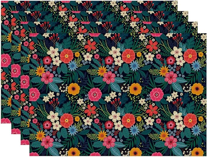 Placemats Set of 4 Colorful Flowers and Leaves Dining Place Mats Linen Table Mat for Farmhouse Home Kitchen Decor 12 X 18 Inch