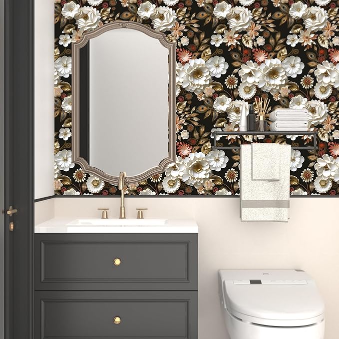White Gold Floral Wallpaper Peel and Stick Dark Flower Contact Paper 17.5in x 393in Vintage Wallpaper Vinyl Waterproof Self Adhesive Boho Leaf Botanical Wall Paper for Bedroom Cabinet Table Decoration