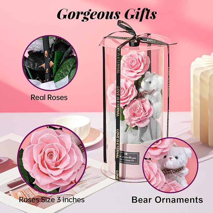 Flowers Forever Roses in A Box, 3 Real Roses with Stems and Bear, Eternal Rose Gifts for Her,Birthday Gifts for Women, Mom,Girlfriend,Grandma,Daughter,Pink