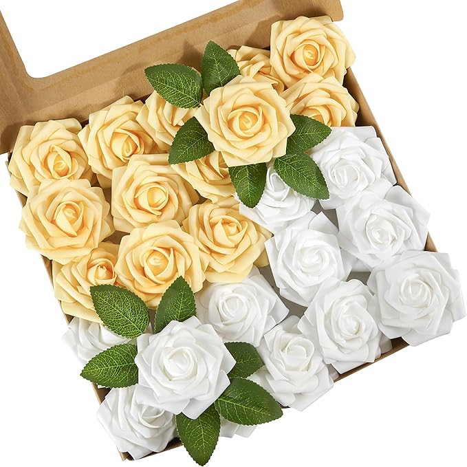 Artificial Flowers, 50pcs Yellow and White Artificial Rose for DIY Wedding Bouquets Centerpieces Arrangements, Fake Flower with Stems for Party Home Decorations