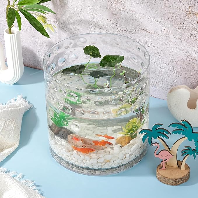 10" Wide 10" High Decorative Glass Cylinder Vase with Dimpled Circle Pattern, 8 Inch Tall, Clear (1, 10"x10")