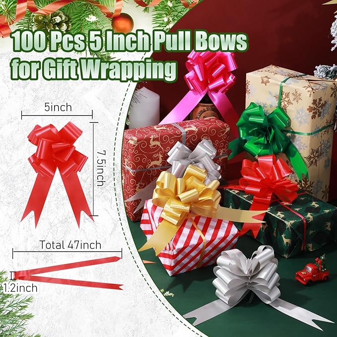 100 Pcs 5 Inch Christmas Pull Bows for Gift Wrapping, Gift Wrapping Pull Bows with Ribbon for Christmas Presents Wedding Decor Basket Bag Holiday Decor(Multicolor)