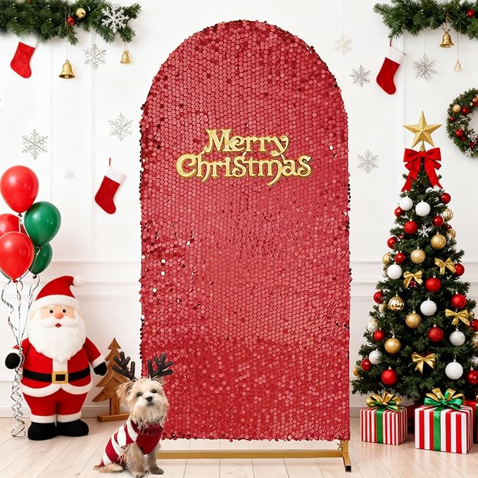 Wedding Arch Cover 6FT Red - Sequin Fabric Backdrop Cover Spandex Arch Shimmer Covers for Party Ceremony Birthday Home Decorations