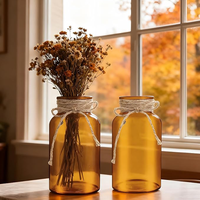 Vintage Glass Flower Vase，3 Pack Farmhouse Amber Glass Centerpiece Vases Mason Jars for Weddings, Parties & Home Decor Bulk (3, Amber)